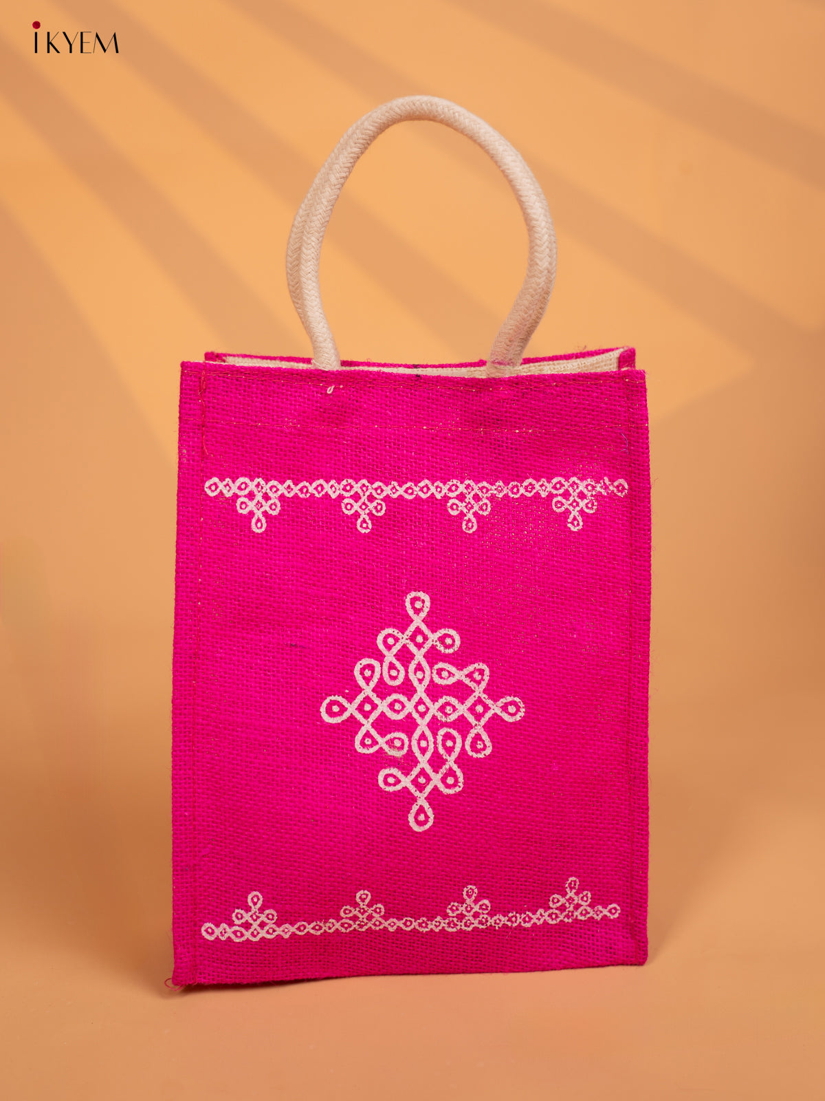 Traditional Pink Colour Jute Bag With Kolam Print