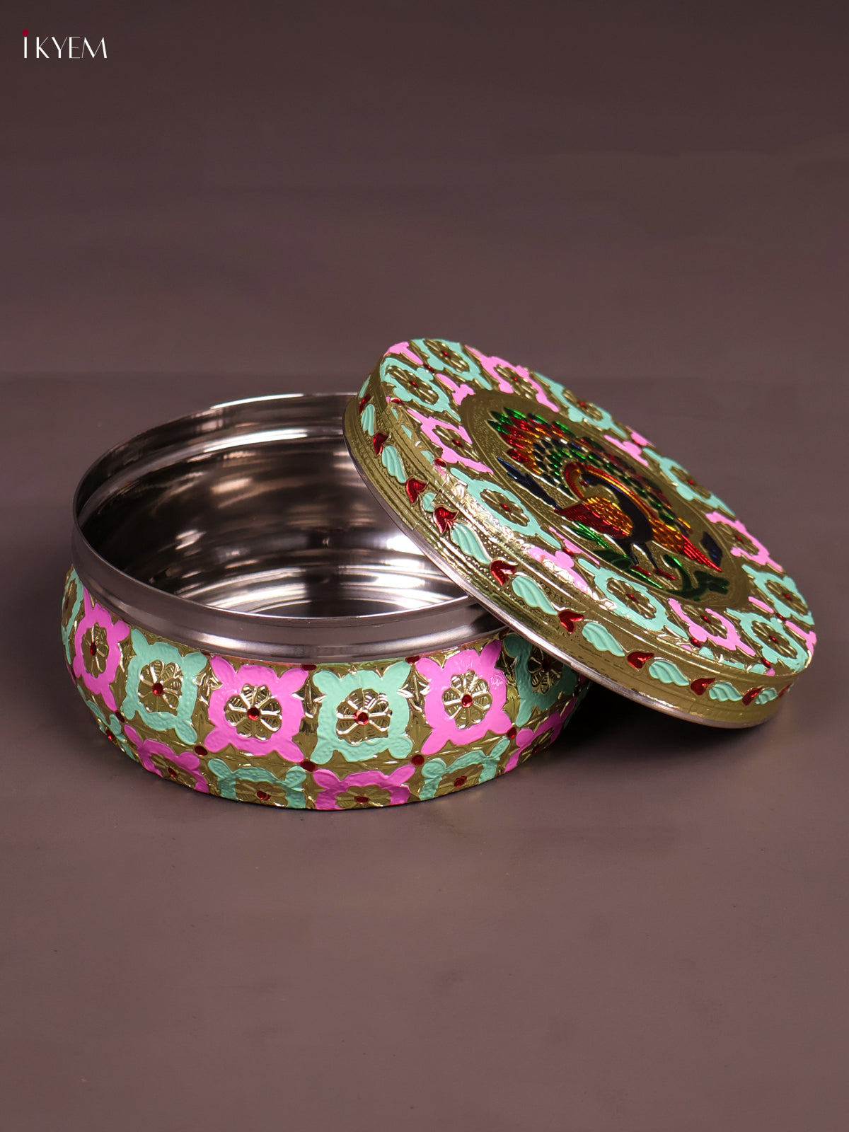 Traditional Pink & Green Meenakari Storage Box With Peacock Design 1