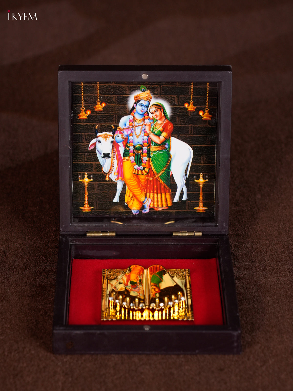 Unique Dark Color Paduka Box With Radha Krishna Picture & Footprints