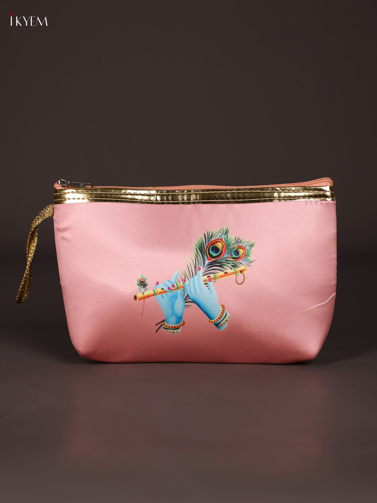 Unique Peach Krishna Flute & Peacock Feather Printed Purse With Zipper