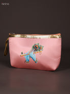 Unique Peach Krishna Flute & Peacock Feather Printed Purse With Zipper 1
