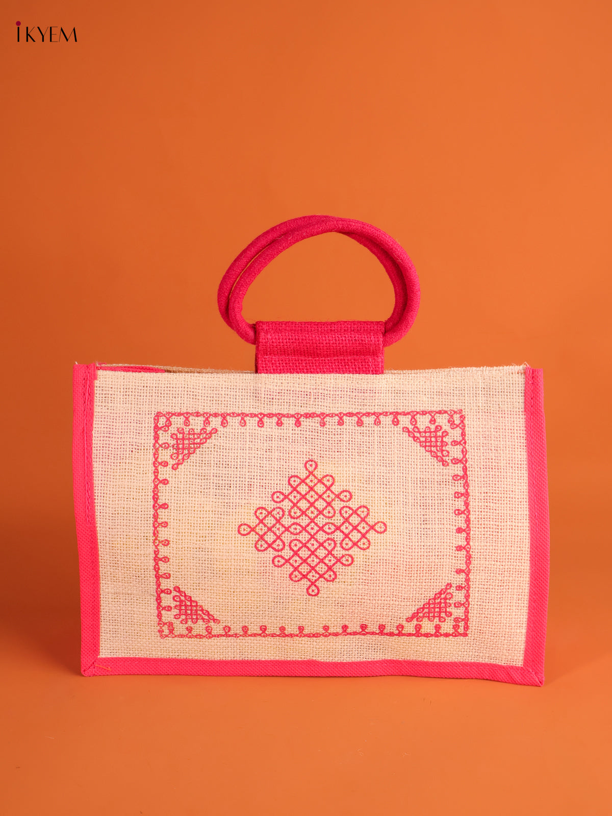 Unique Pink Kolam Printed Jute Bag 