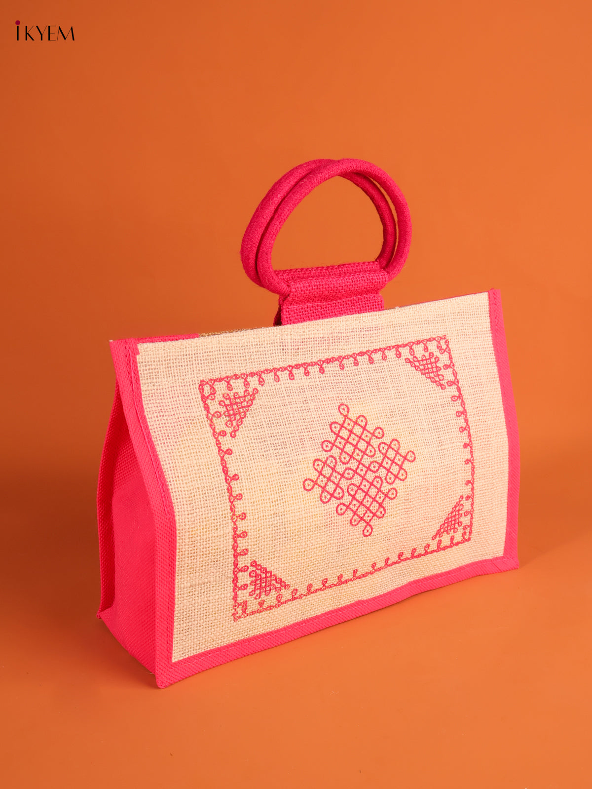 Unique Pink Kolam Printed Jute Bag 1