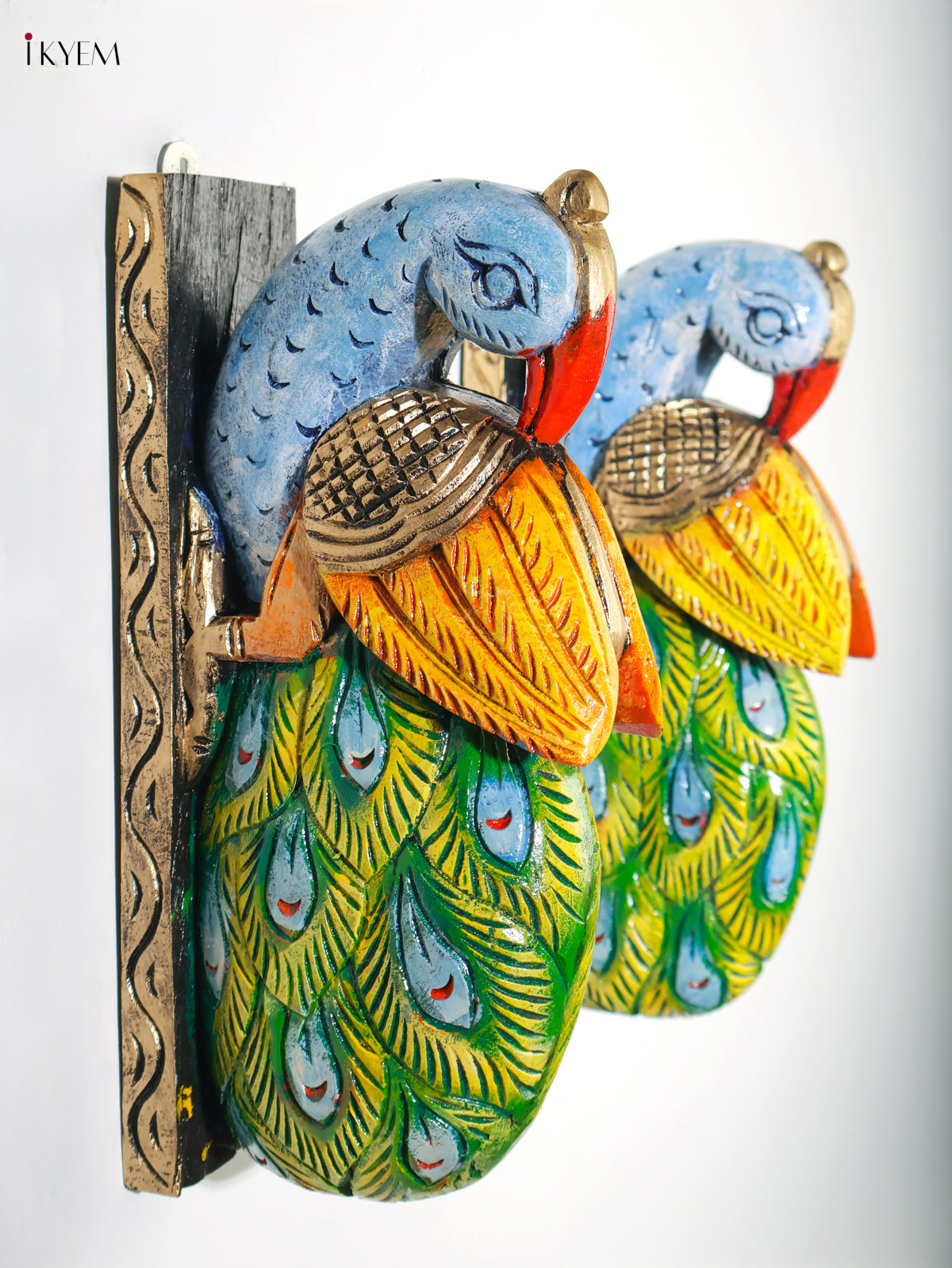Unique Set of 2 Hand Painted Wooden Peacock Wall Brackets 3