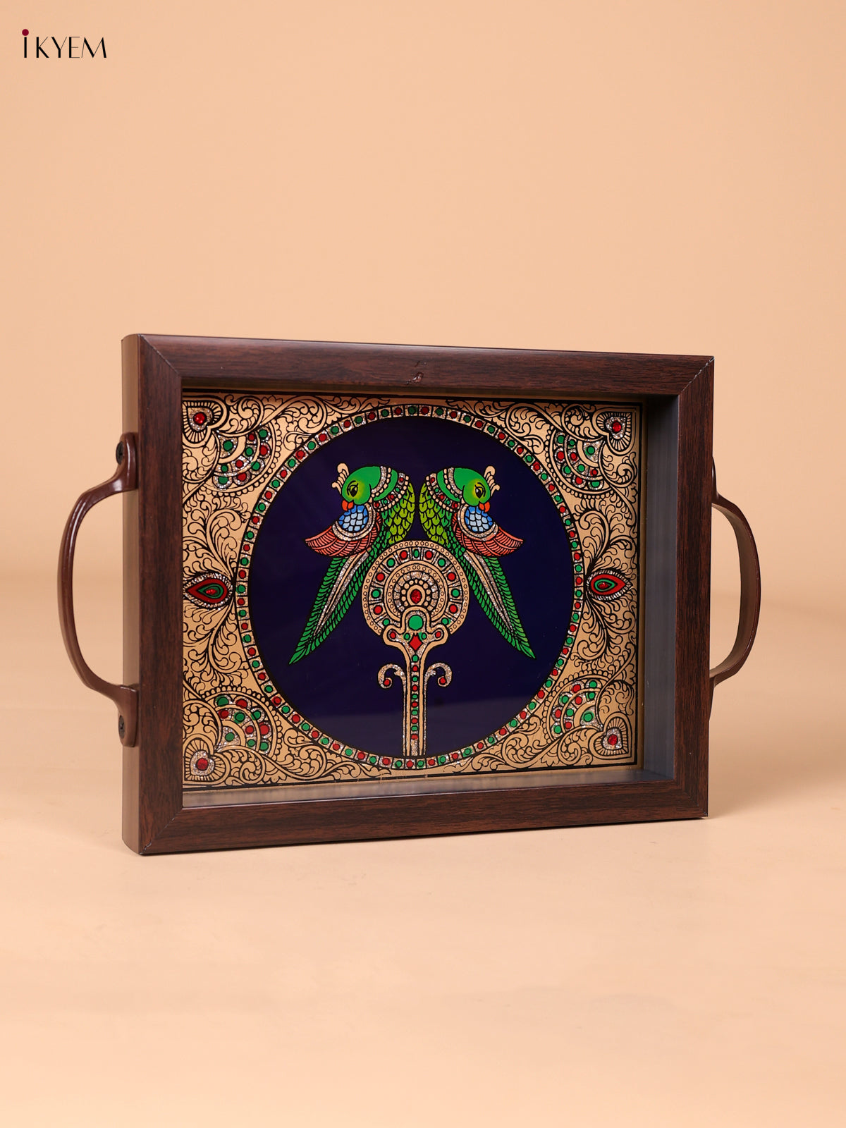 Unique Twin Parrot Reverse Glass Painted Tray In Navy Blue 