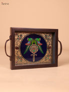 Unique Twin Parrot Reverse Glass Painted Tray In Navy Blue 