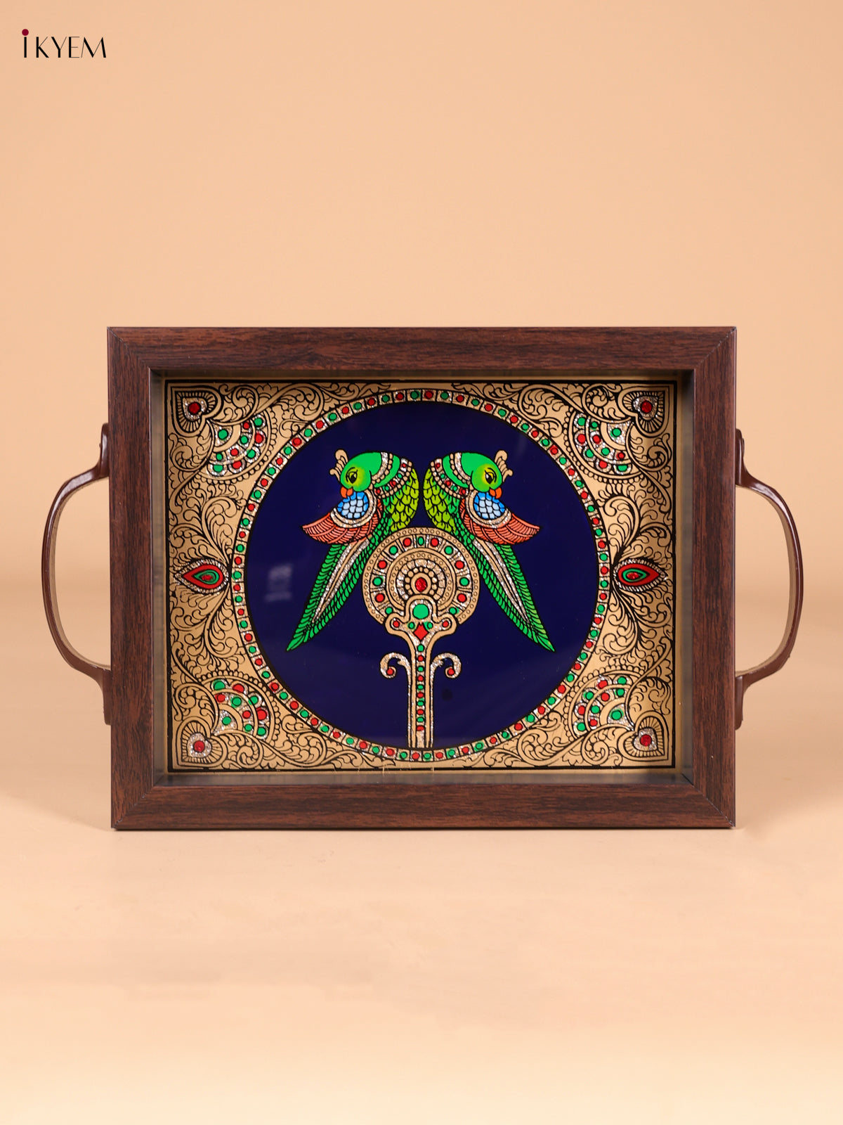 Unique Twin Parrot Reverse Glass Painted Tray In Navy Blue 1