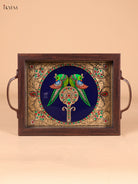 Unique Twin Parrot Reverse Glass Painted Tray In Navy Blue 1