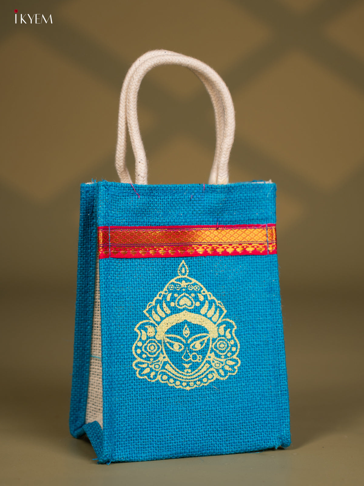 Vibrant Blue Goddess Durga Printed Jute Bags - 8 Inch 
