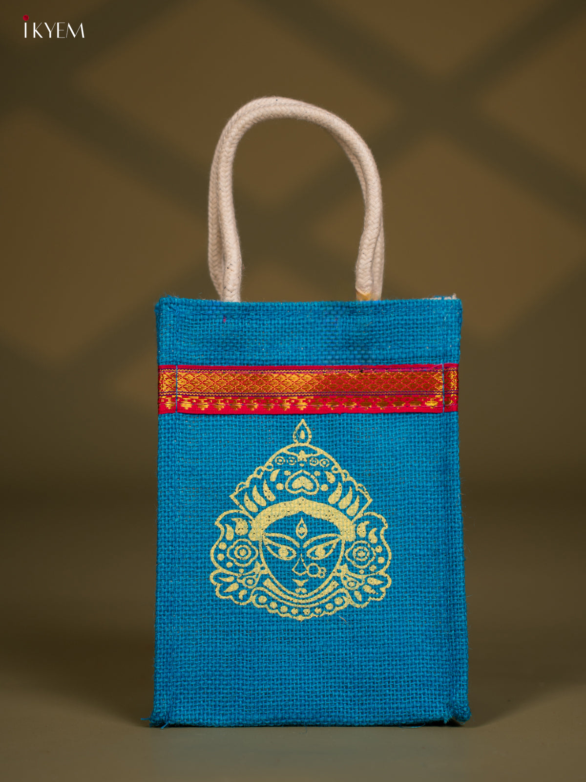 Vibrant Blue Maa Durga Printed Jute Bags - 8 Inch 