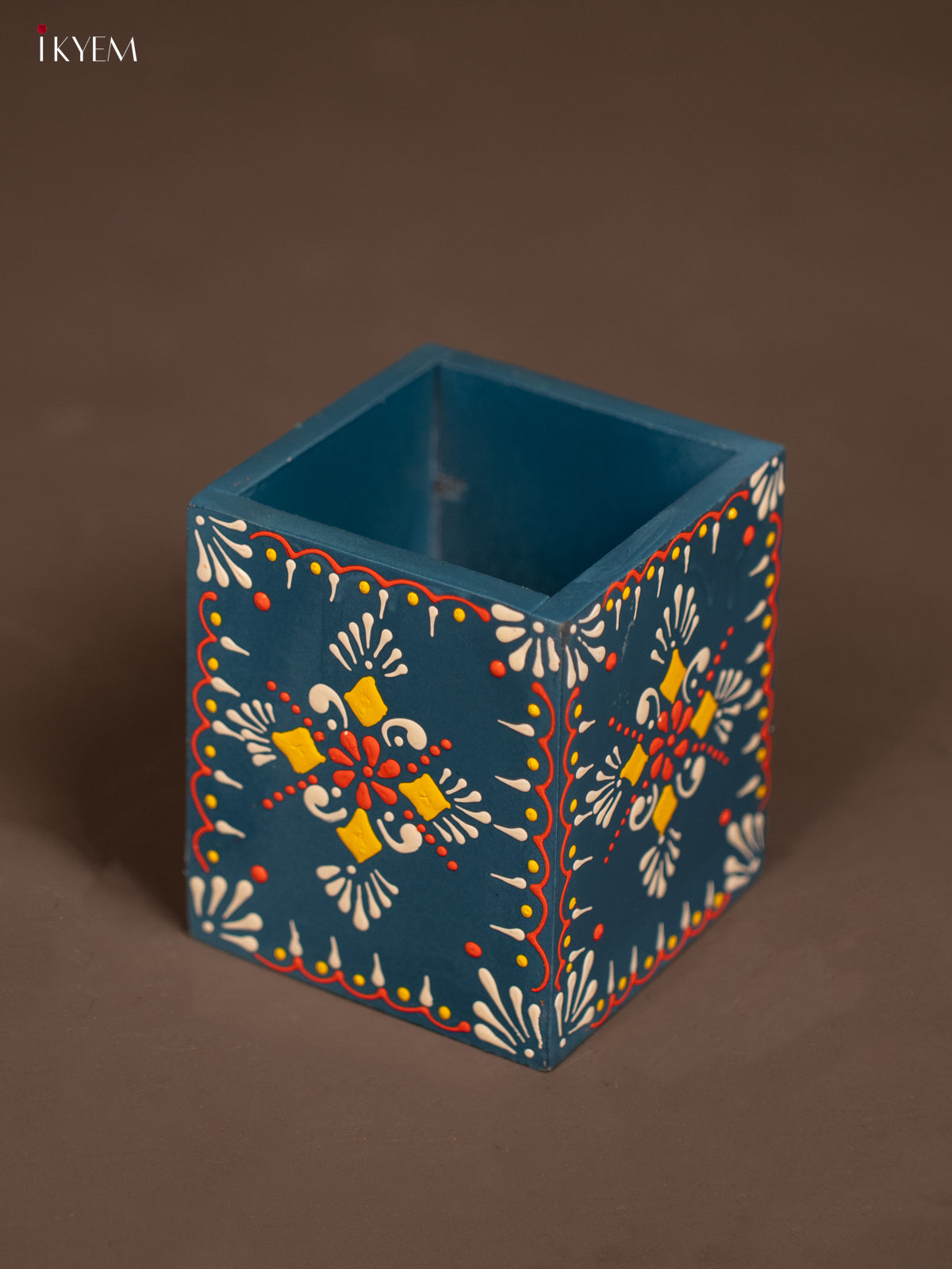 Vibrant Blue Wooden Hand Painted Pen Stand 1