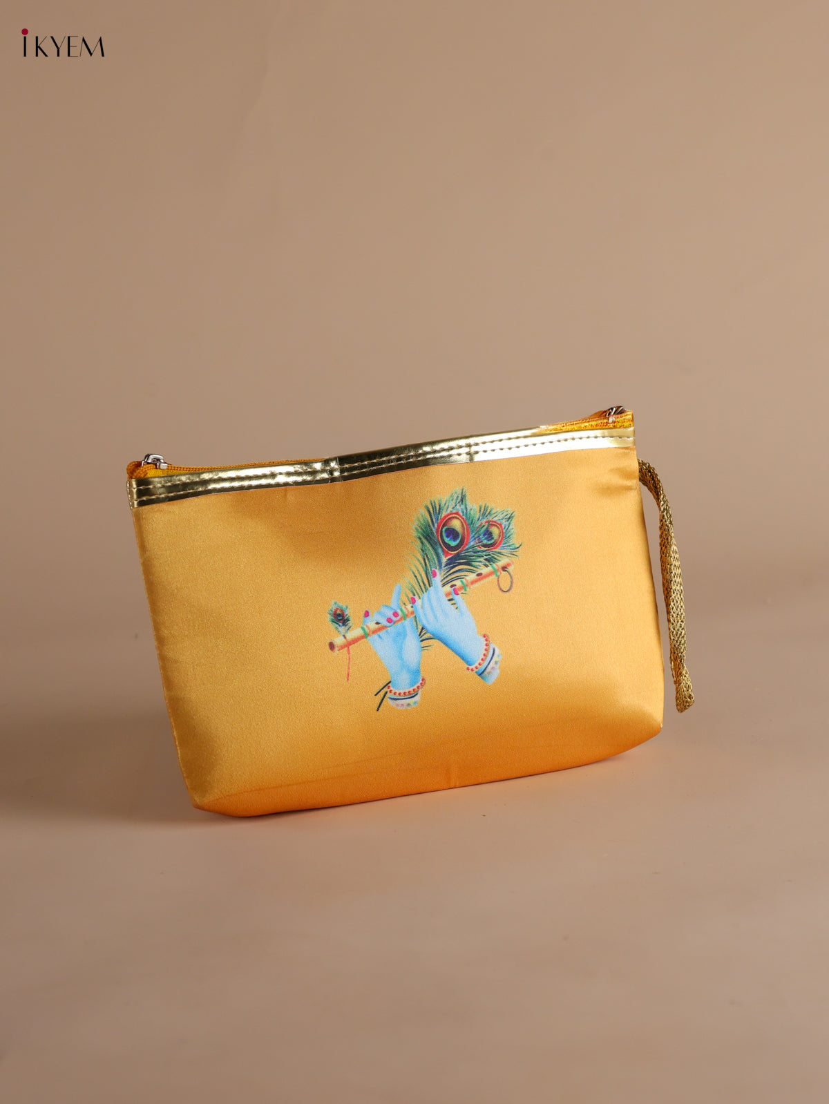 Vibrant Digital Krishna Flute Printed Yellow Purse with Zipper 1