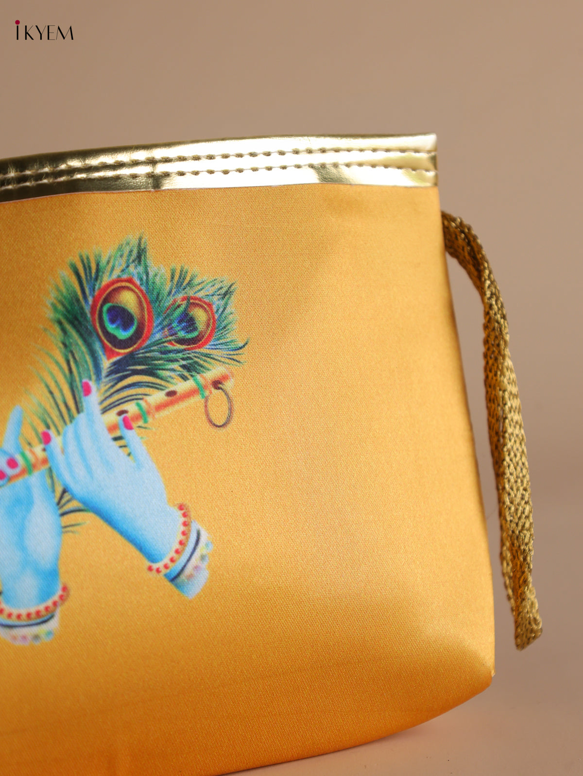 Vibrant Digital Krishna Flute Printed Yellow Purse with Zipper 2