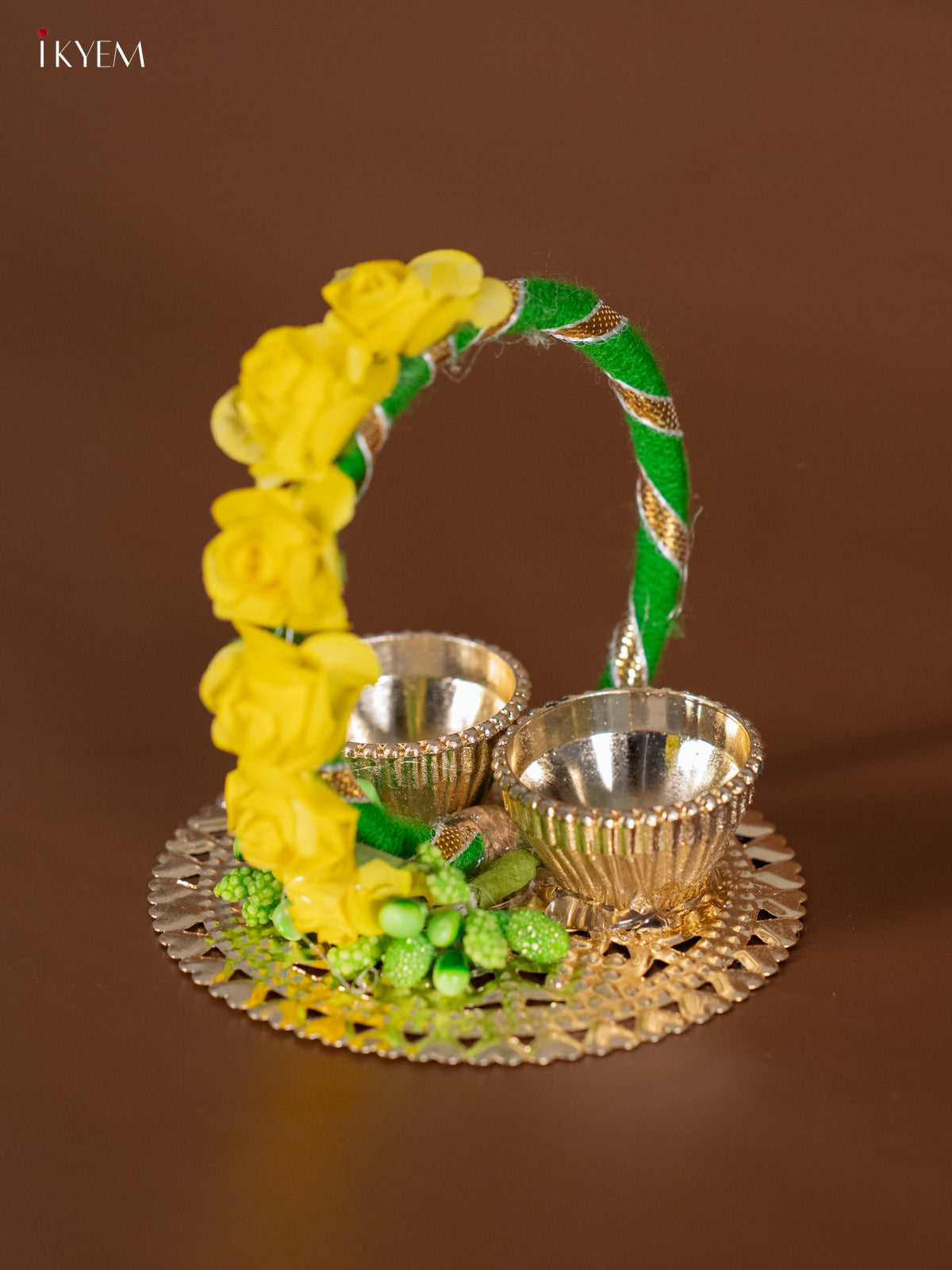 Vibrant Haldi Kumkum Set With Green & Yellow Floral Designs