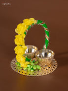 Vibrant Haldi Kumkum Set With Green & Yellow Floral Designs