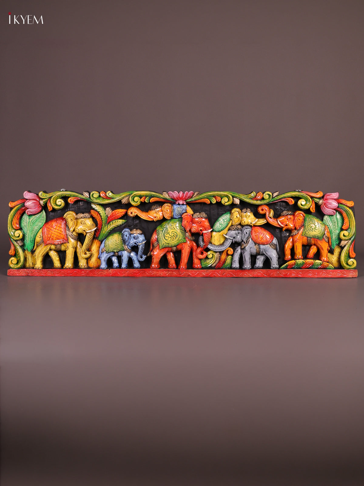 Vibrant Hand Painted Elephant Procession Wooden Wall Panel 