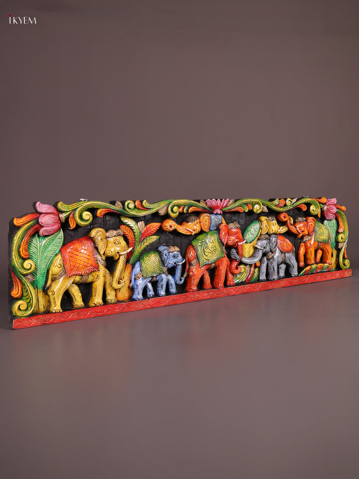 Vibrant Hand Painted Elephant Procession Wooden Wall Panel 1
