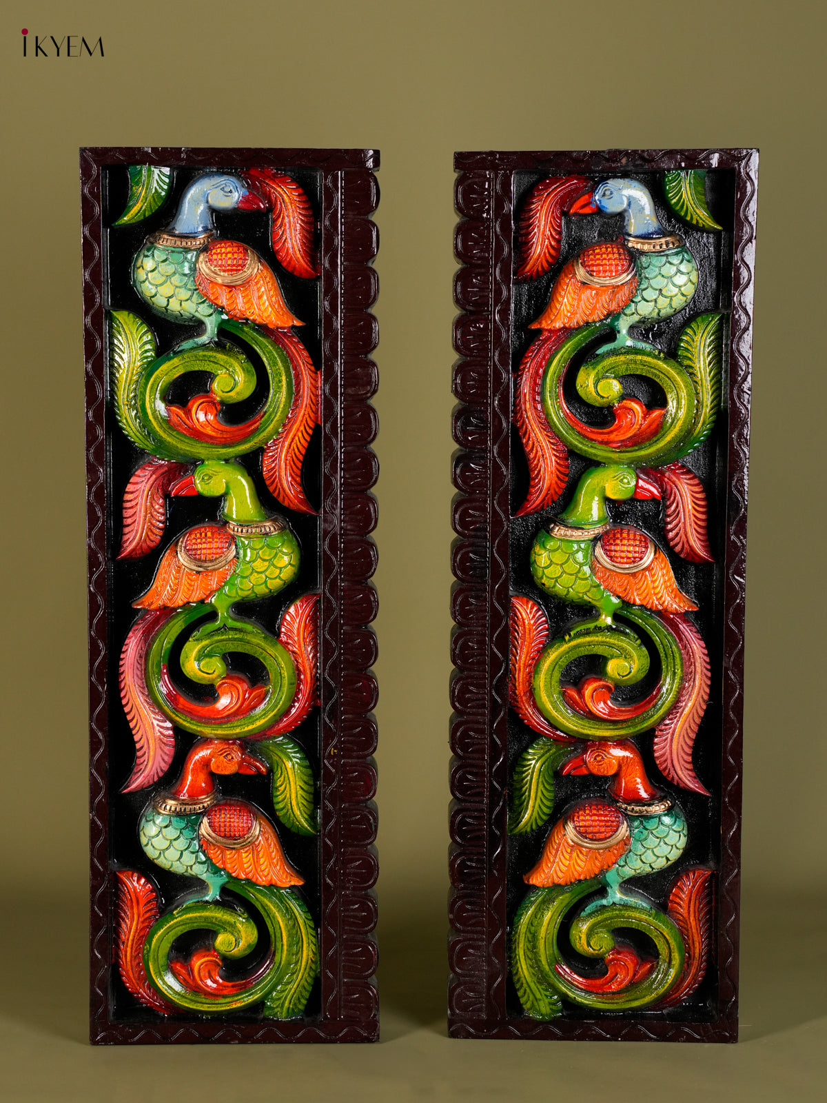 Vibrant Hand Painted Parrot Carved Vertical Wooden Panel Set