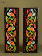 Vibrant Hand Painted Parrot Carved Vertical Wooden Panel Set