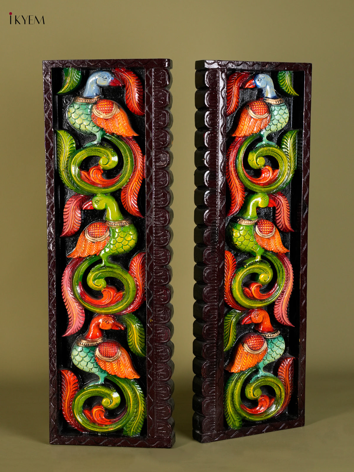 Vibrant Hand Painted Parrot Carved Vertical Wooden Panel Set 4