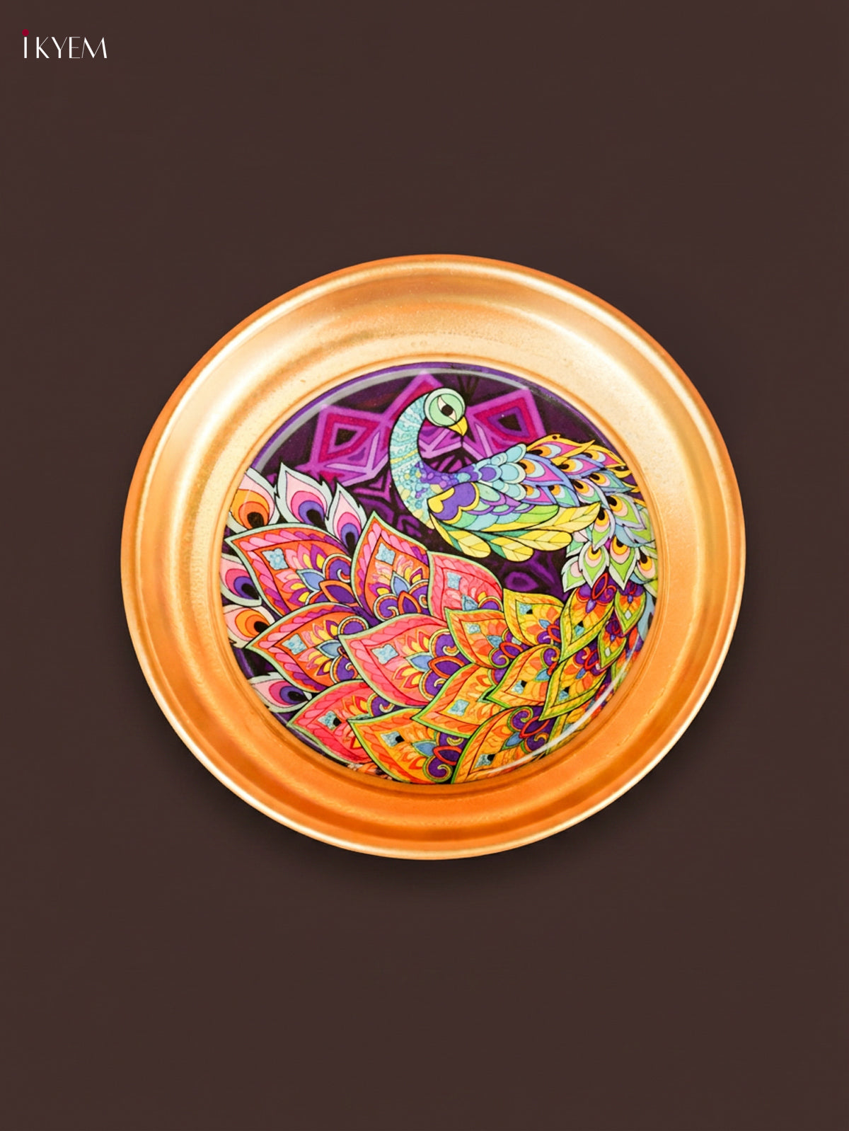 Vibrant Multicolour Peacock Printed Brass Coated Decorative Plate 1