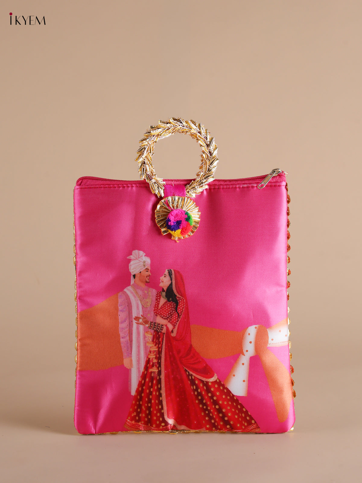 Vibrant Pink Wedding Couple Printed Purse with Bangle handle 