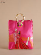 Vibrant Pink Wedding Couple Printed Purse with Bangle handle 