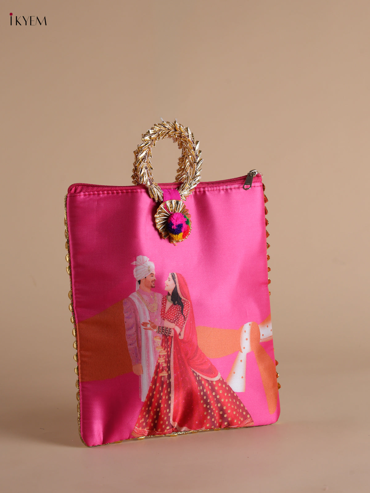 Vibrant Pink Wedding Couple Printed Purse with Bangle handle 1