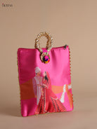Vibrant Pink Wedding Couple Printed Purse with Bangle handle 1