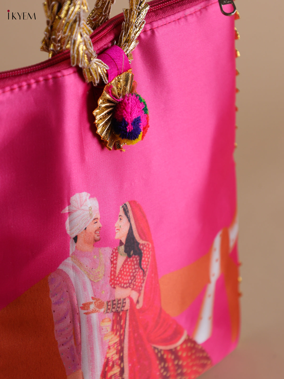 Vibrant Pink Wedding Couple Printed Purse with Bangle handle 2