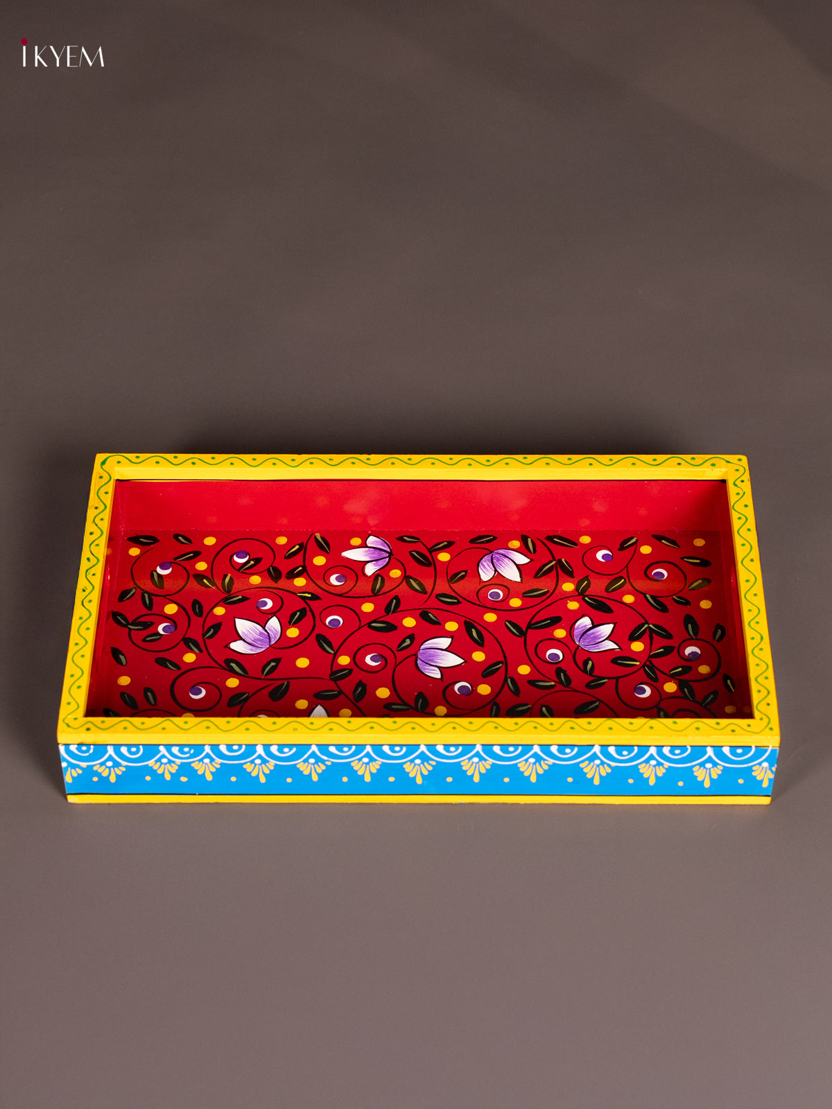 Vibrant Red & Blue Hand-Painted Wooden Rectangular Tray 
