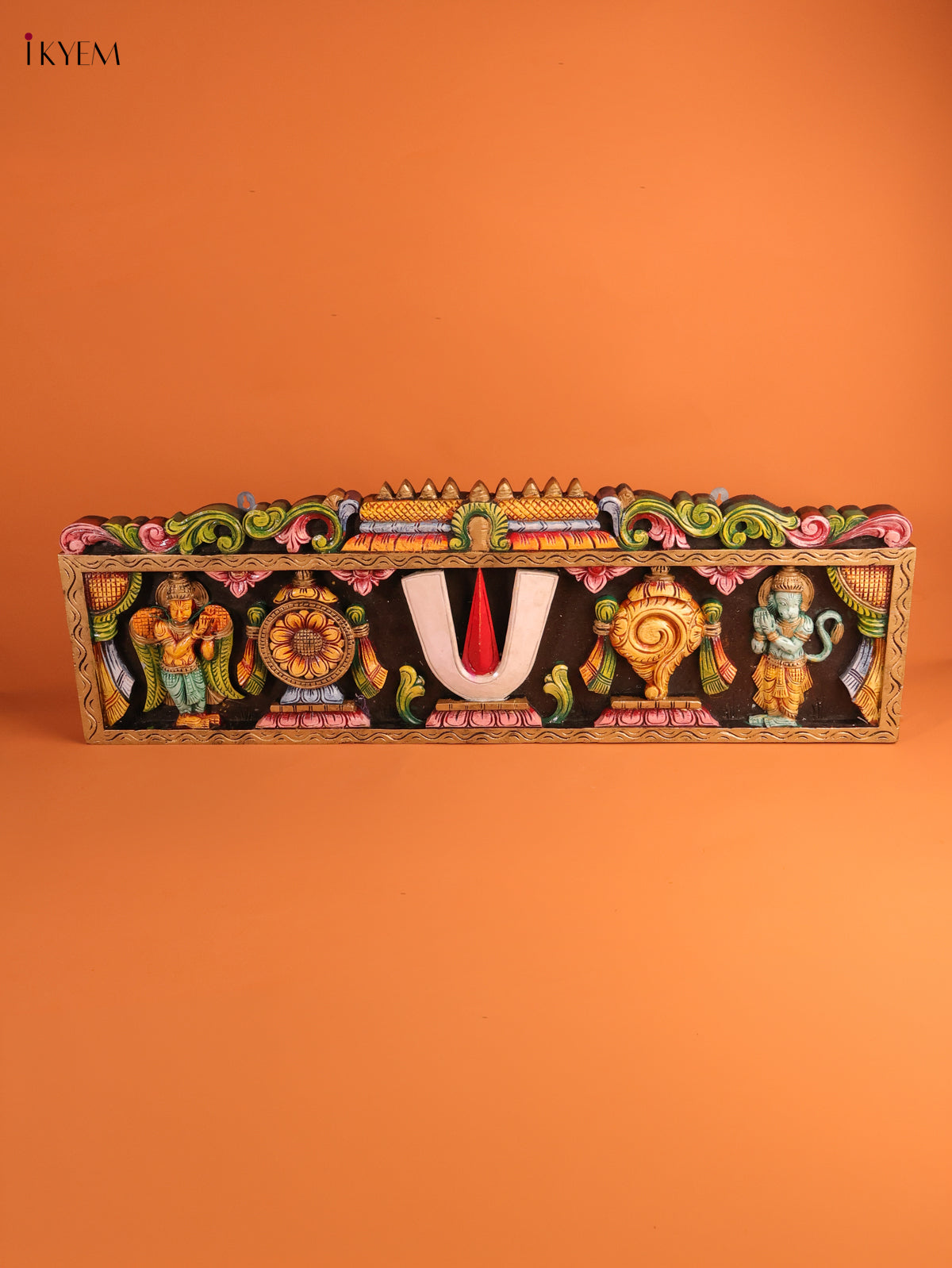 Vibrant Wooden Hand Carved Sangu Chakram Namam Panel 
