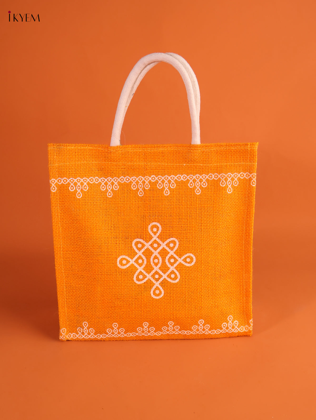 Vibrant Yellow Jute Bags With Kolam Print