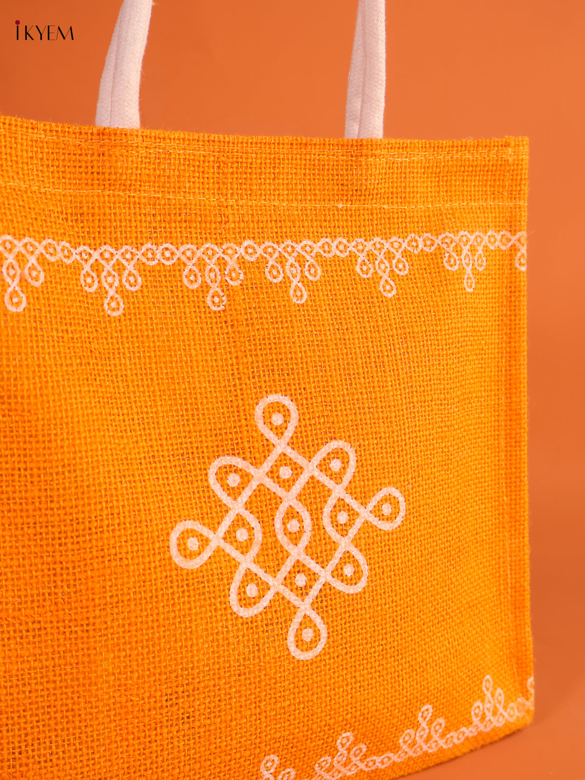 Vibrant Yellow Jute Bags With Kolam Print 2
