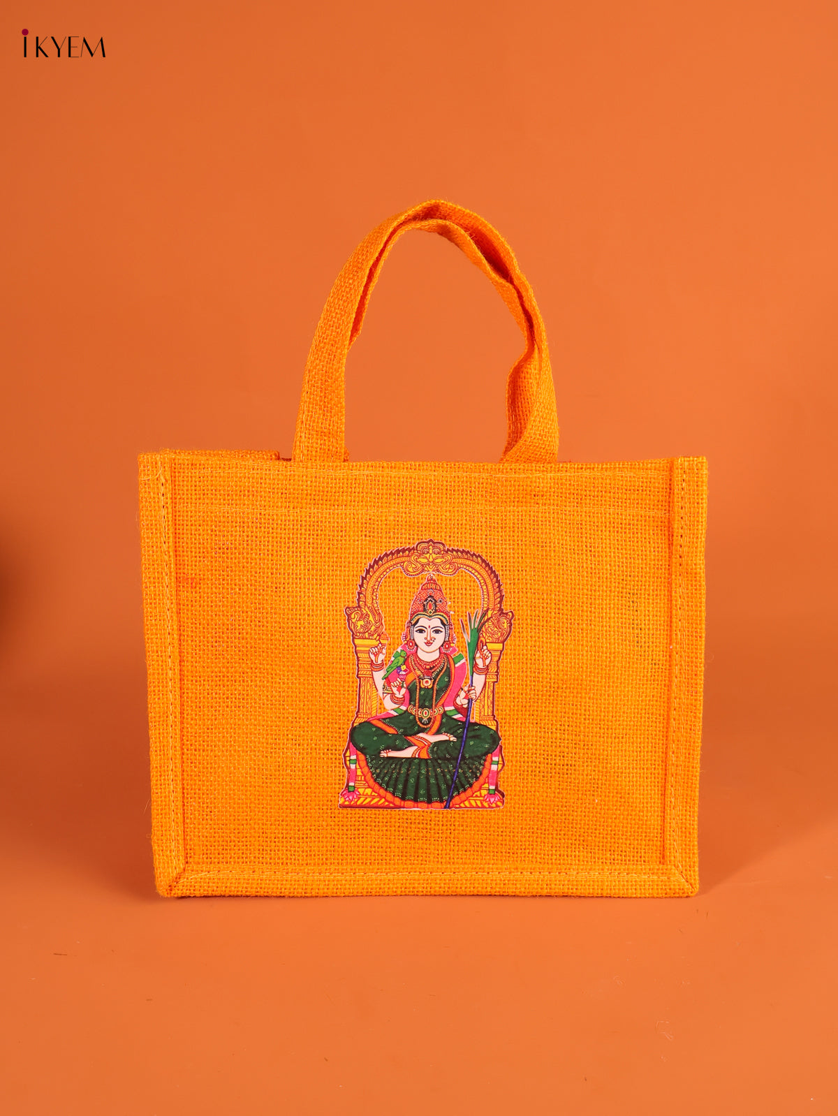 Vivid Goddess Kamatchi Printed Orange Jute Bag With Transparent Window