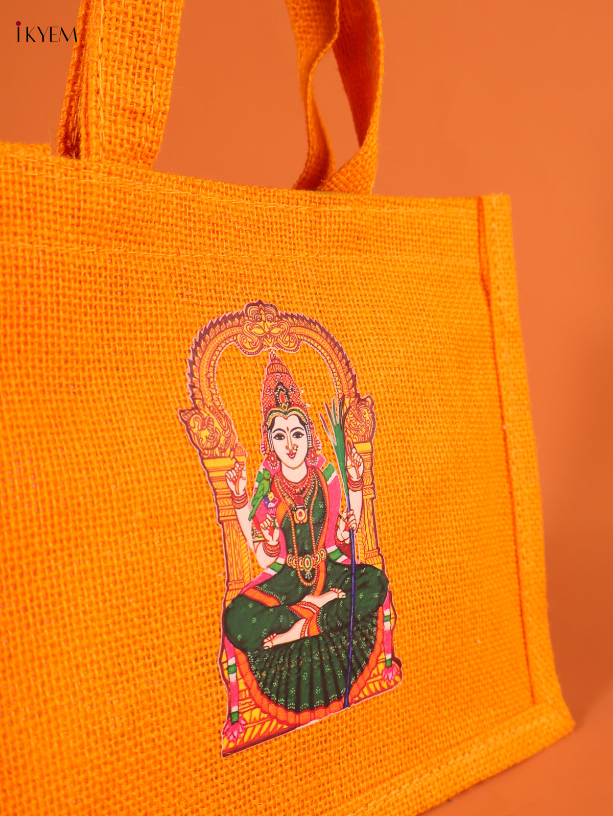 Vivid Goddess Kamatchi Printed Orange Jute Bag With Transparent Window 2