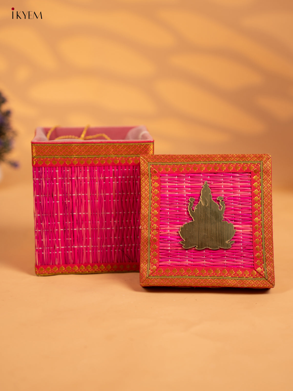 Vivid Pink Korai Gift Box with Net Potli & Lakshmi Motif - 7 inch