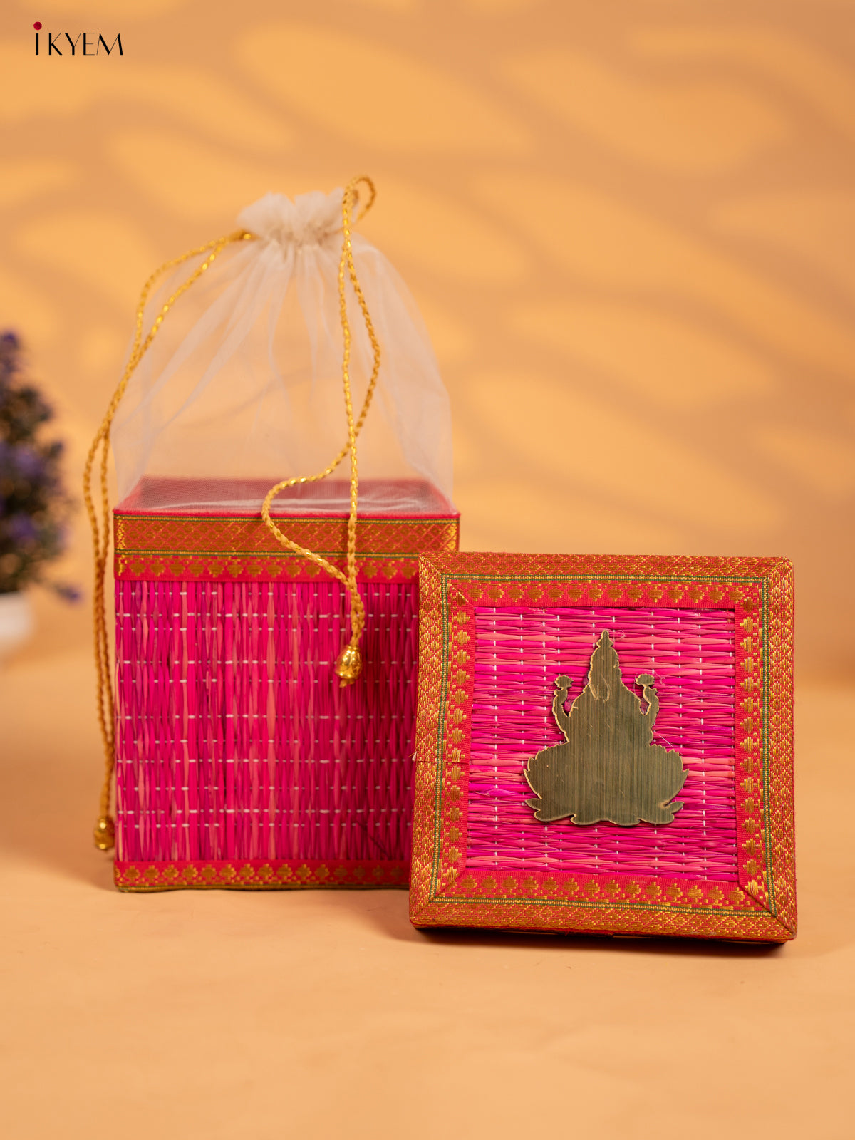 Vivid Pink Korai Gift Box with Net Potli & Lakshmi Motif 1