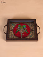 Vivid Twin Parrot Reverse Glass Painted Tray In Maroon 