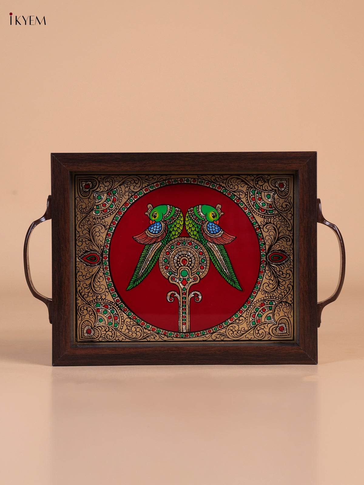 Vivid Twin Parrot Reverse Glass Painted Tray In Maroon 1