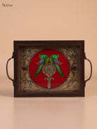 Vivid Twin Parrot Reverse Glass Painted Tray In Maroon 1