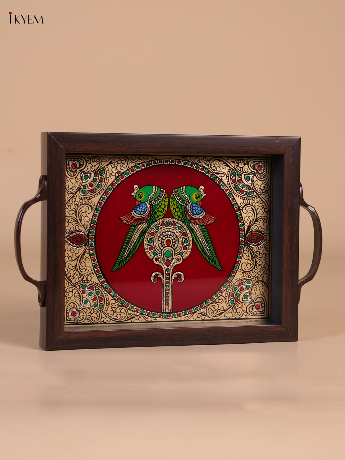 Vivid Twin Parrot Reverse Glass Painted Tray In Maroon 2