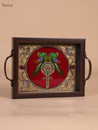 Vivid Twin Parrot Reverse Glass Painted Tray In Maroon 2
