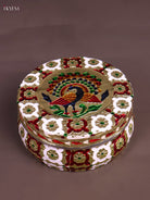 Vivid White & Maroon Meenakari Storage Box With Peacock Design