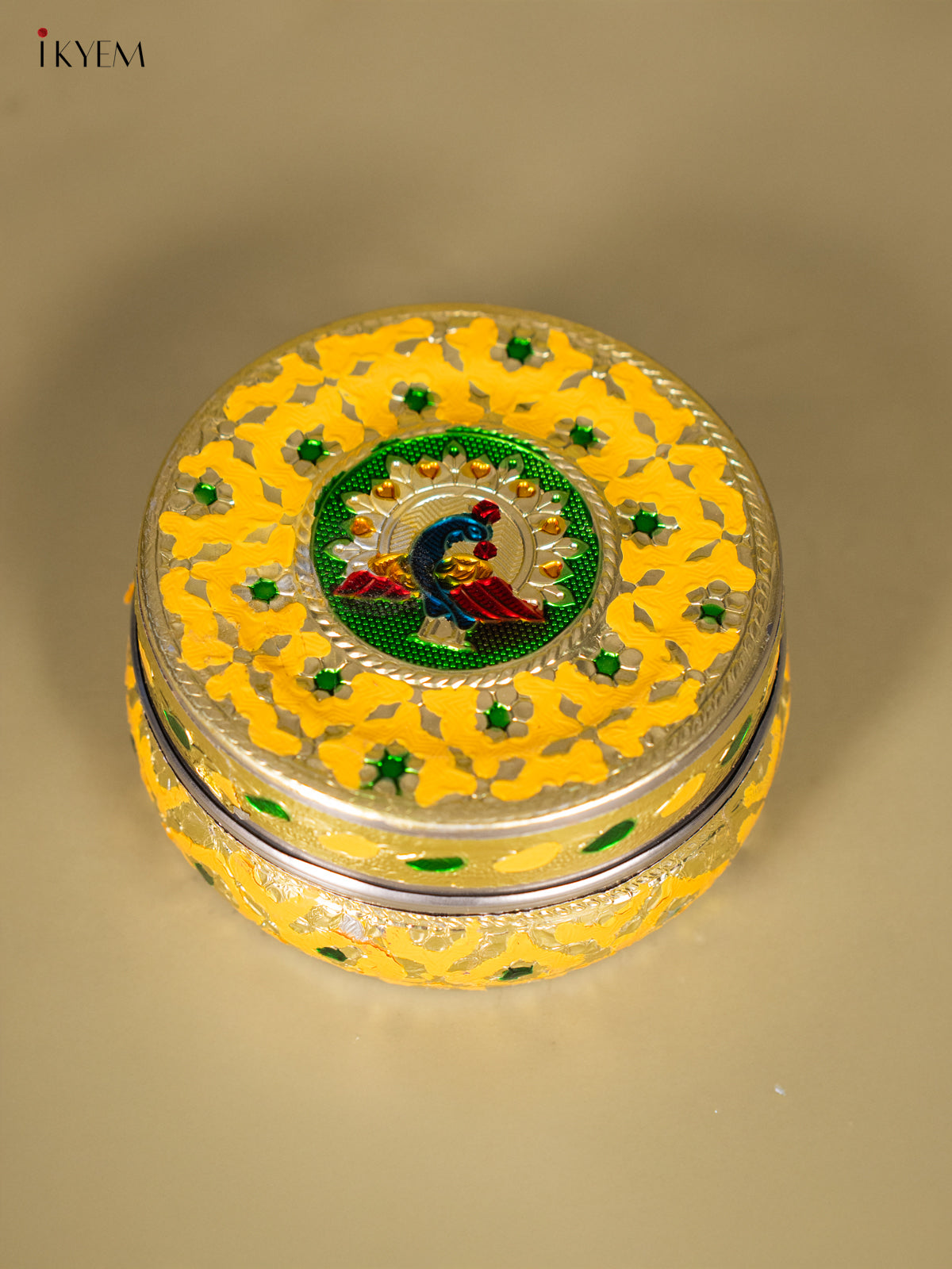 Vivid Yellow Meenakari Storage Box with Peacock Design 