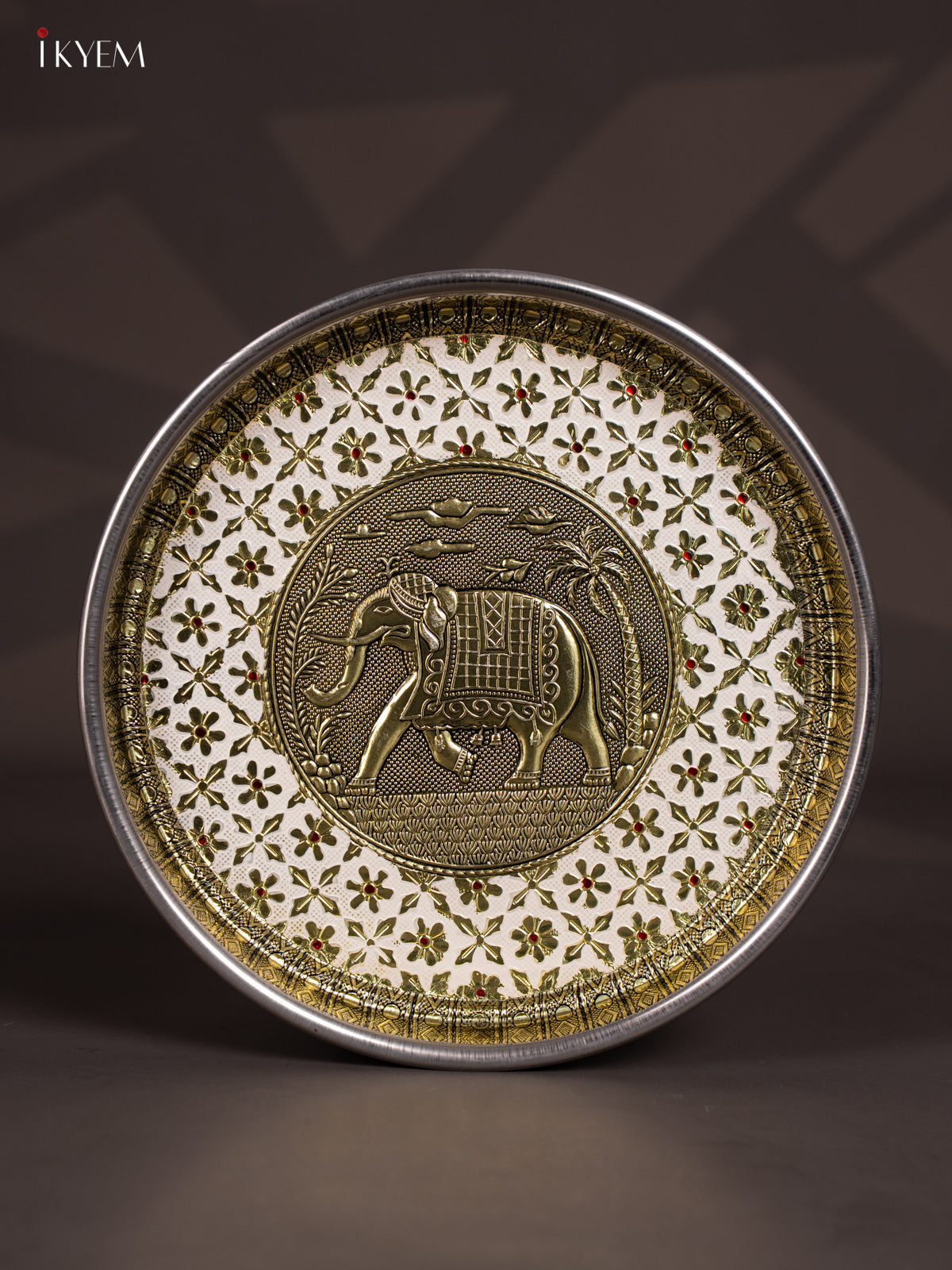 White Meenakari Plate with Oxidized Elephant Design 