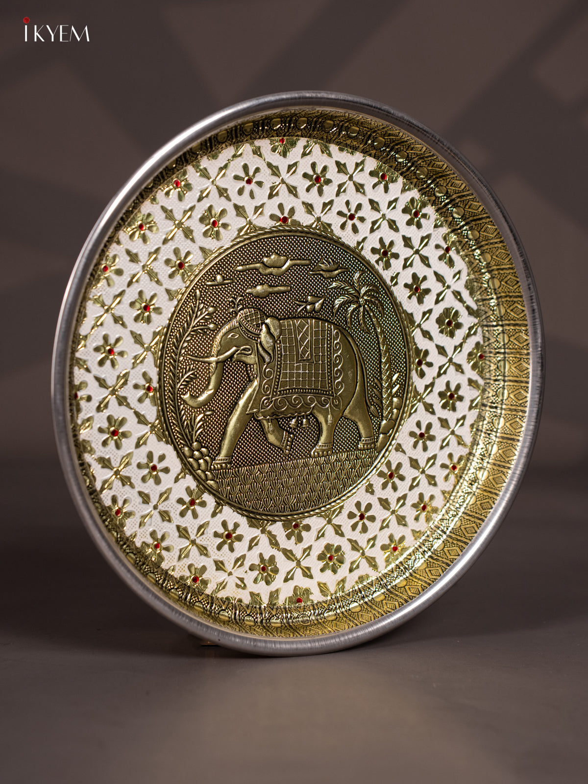 White Meenakari Plate with Oxidized Elephant Design 1