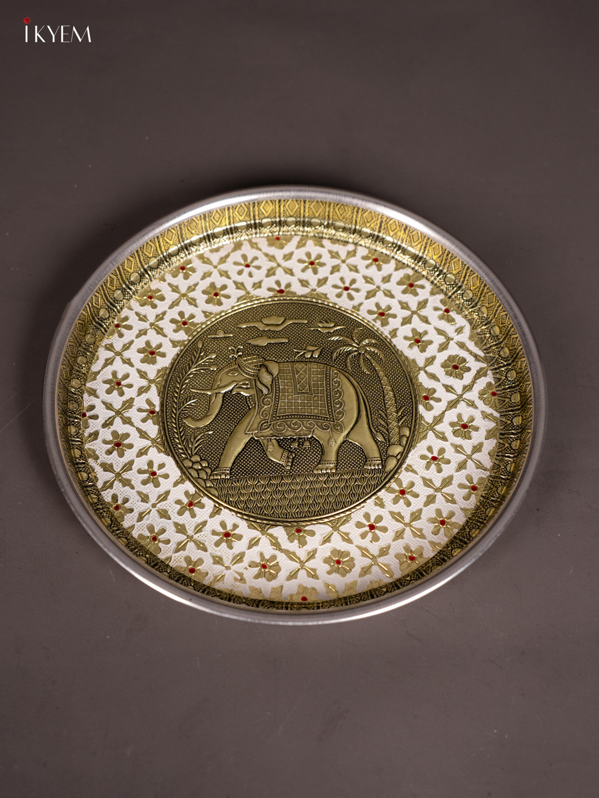 White Meenakari Plate with Oxidized Elephant Design 2